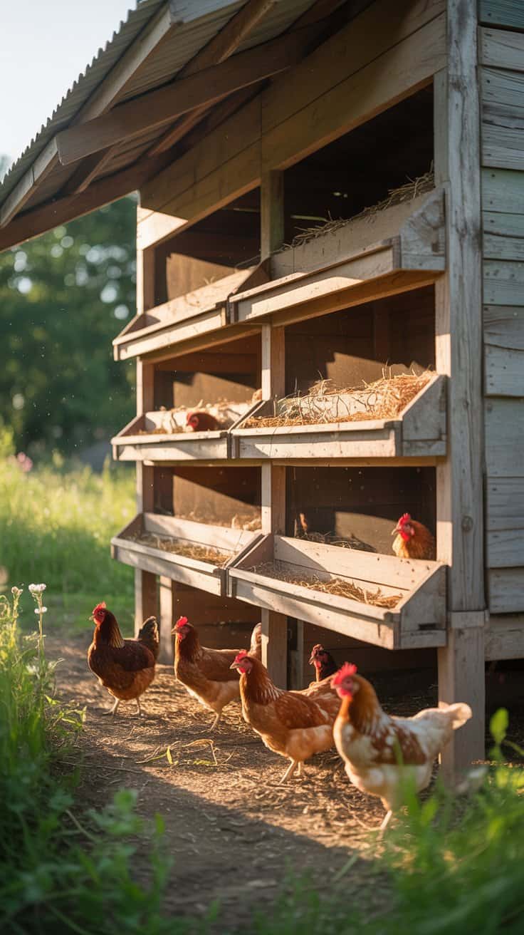 Chicken coop interior showing proper space and perches for hens