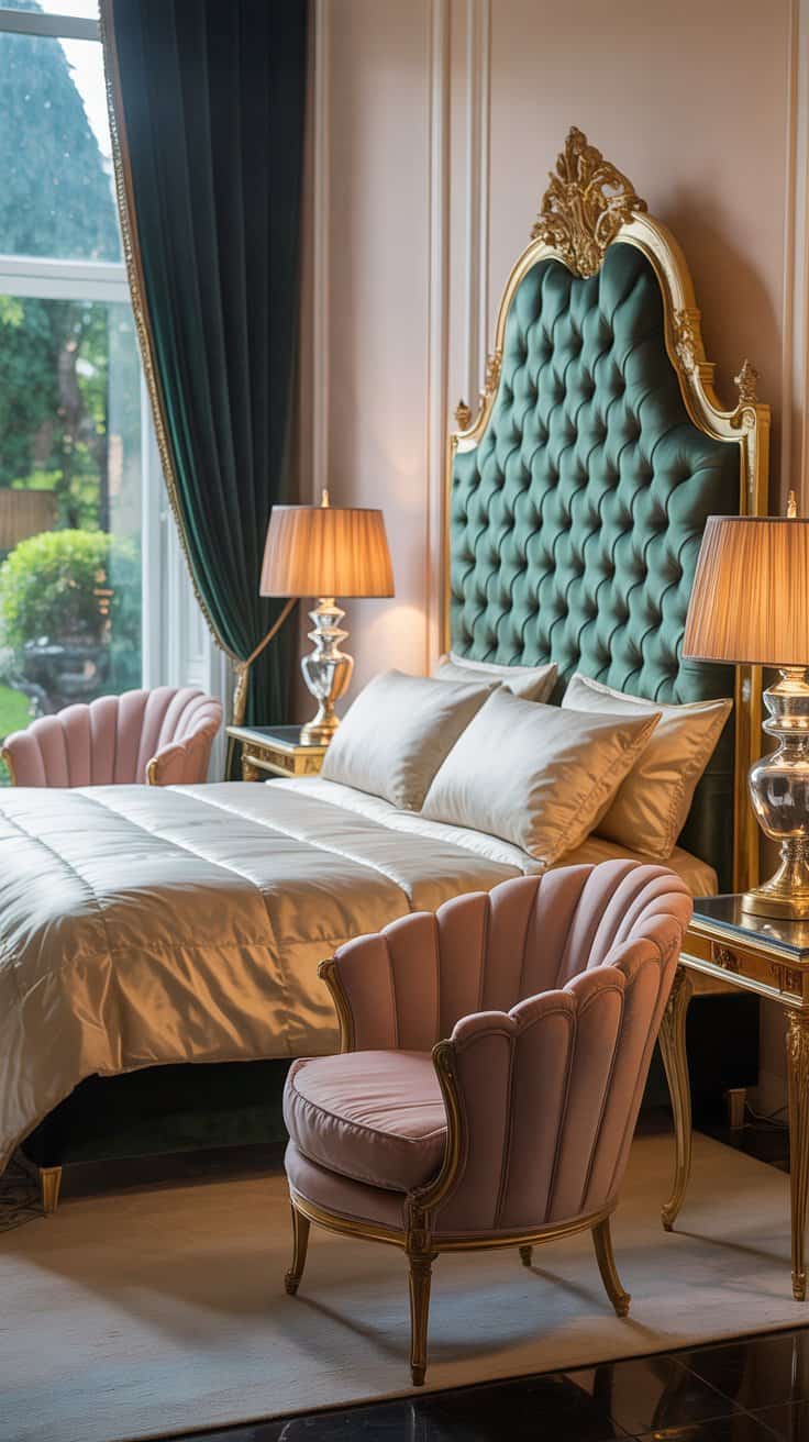 Iconic Hollywood Regency furniture with tufted headboard and curved silhouettes