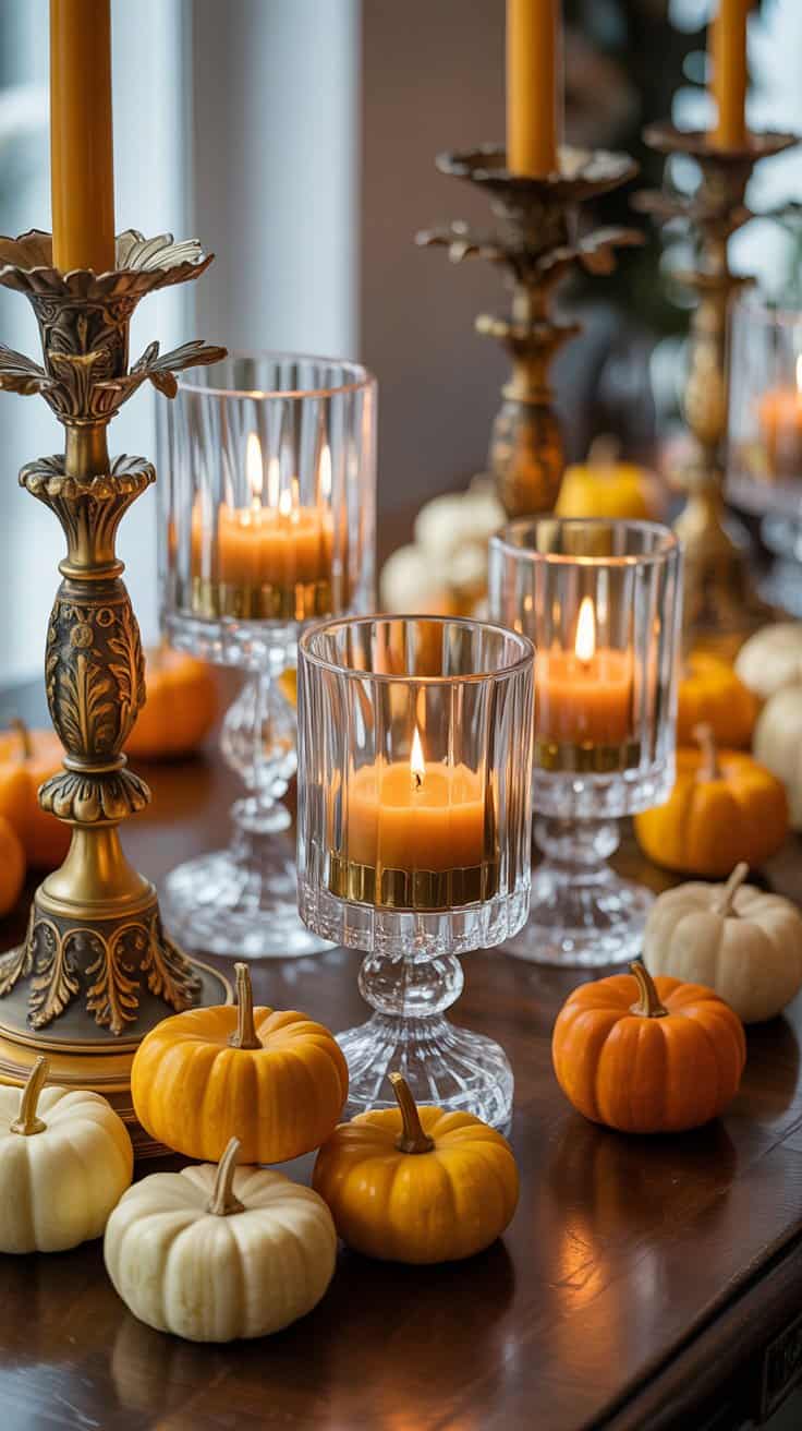 Elegant gold and glass fall table centerpiece