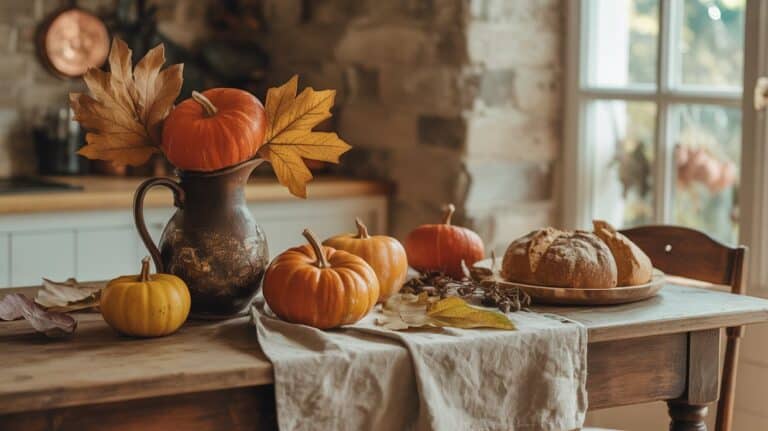 Rustic wooden table with pumpkins, dried leaves, and bread on a beige linen cloth in a cozy sunlit kitchen.