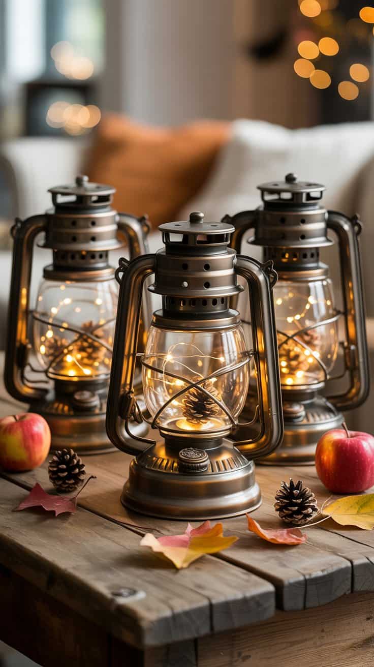 Cozy fall lantern centerpiece with twinkle lights