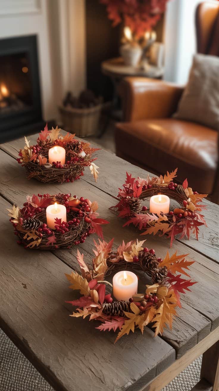 Table centerpiece using mini fall wreaths and candles