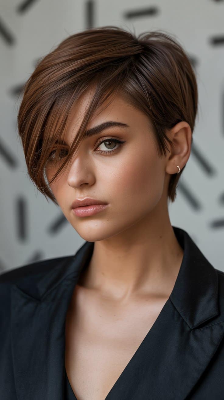 A pixie cut with a dramatic side-swept fringe that falls just over one eye