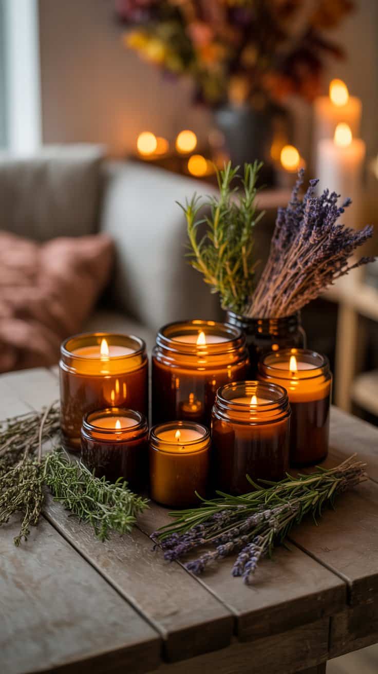 Warm candle cluster centerpiece with autumn tones
