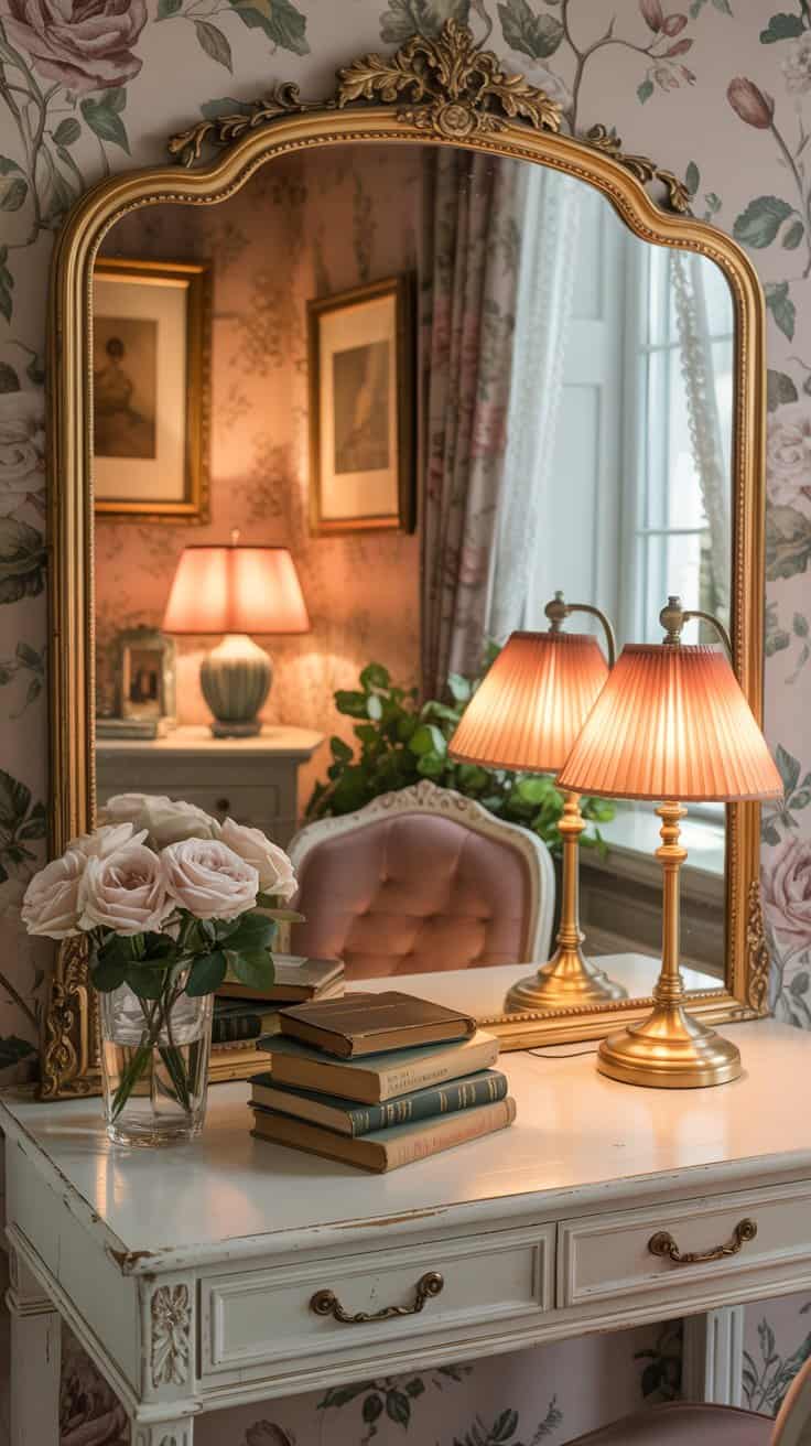 An ornate vintage mirror reflecting a cozy home office with a white desk, antique décor, and soft natural light for an elegant nostalgic feel
