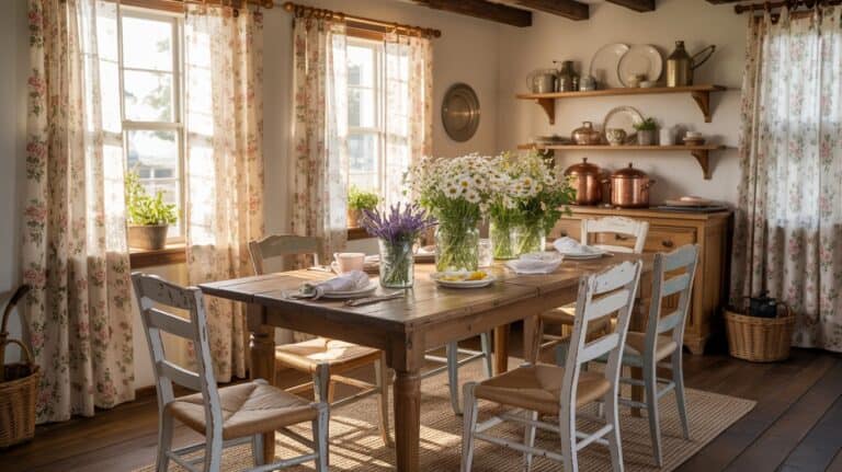 Floral curtains in a cozy cottagecore dining area with wooden furniture
