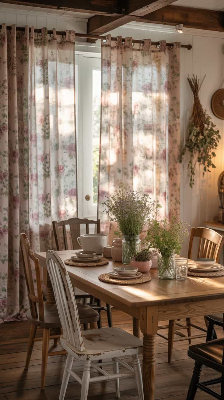 Floral curtains in a cozy cottagecore dining area with wooden furniture