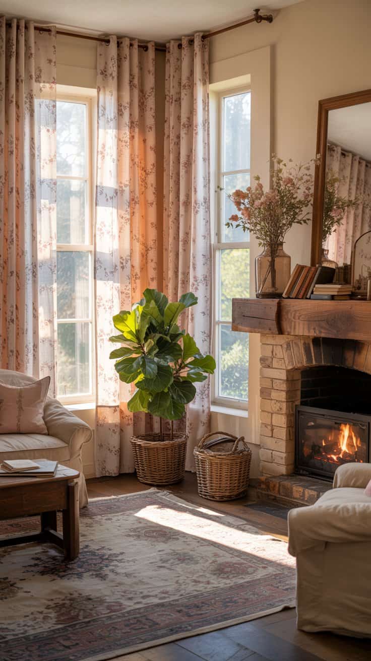 A cozy cottagecore living room featuring cherry blossom patterned curtains, a fireplace, and a potted plant