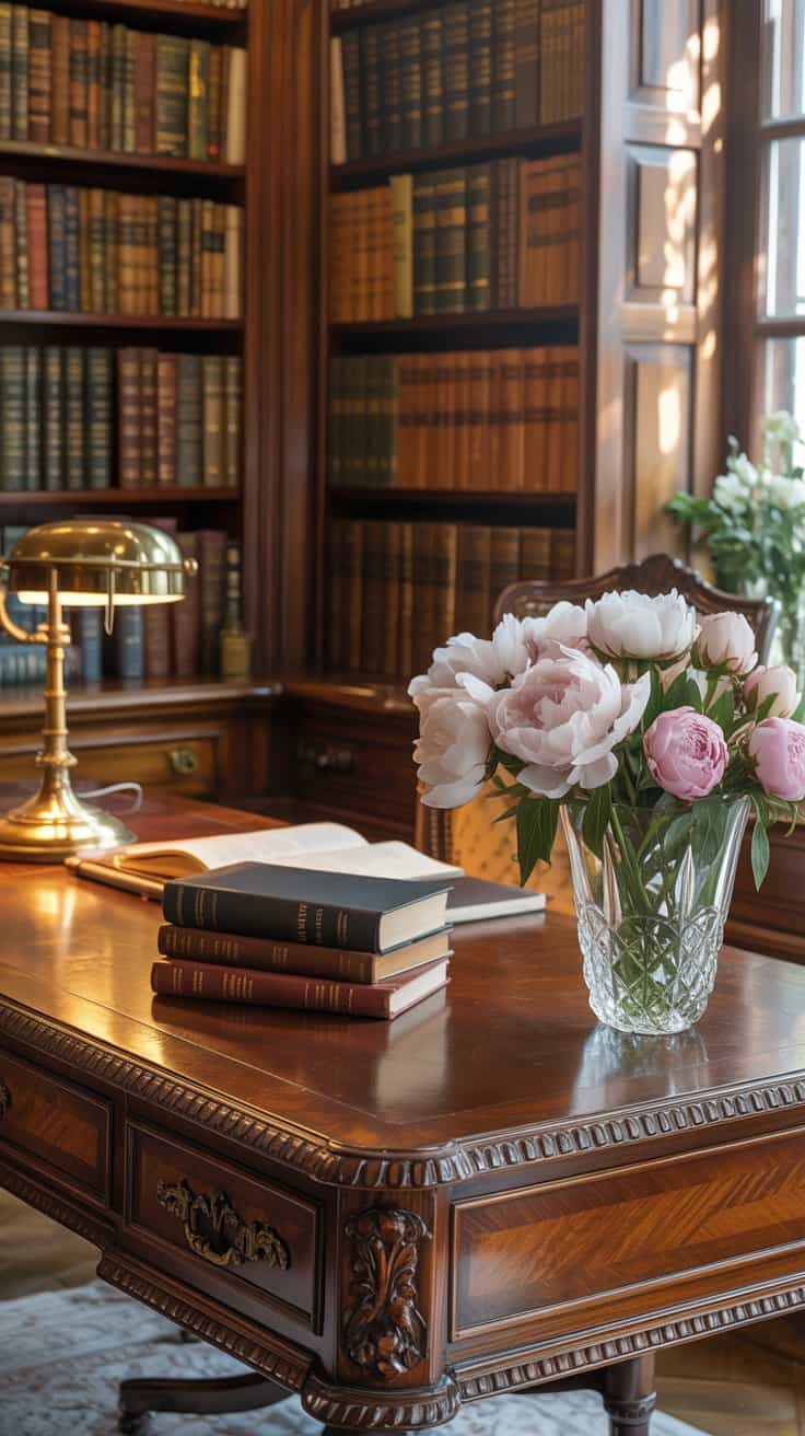 A home office setting with an Antique writing desk with flowers and books