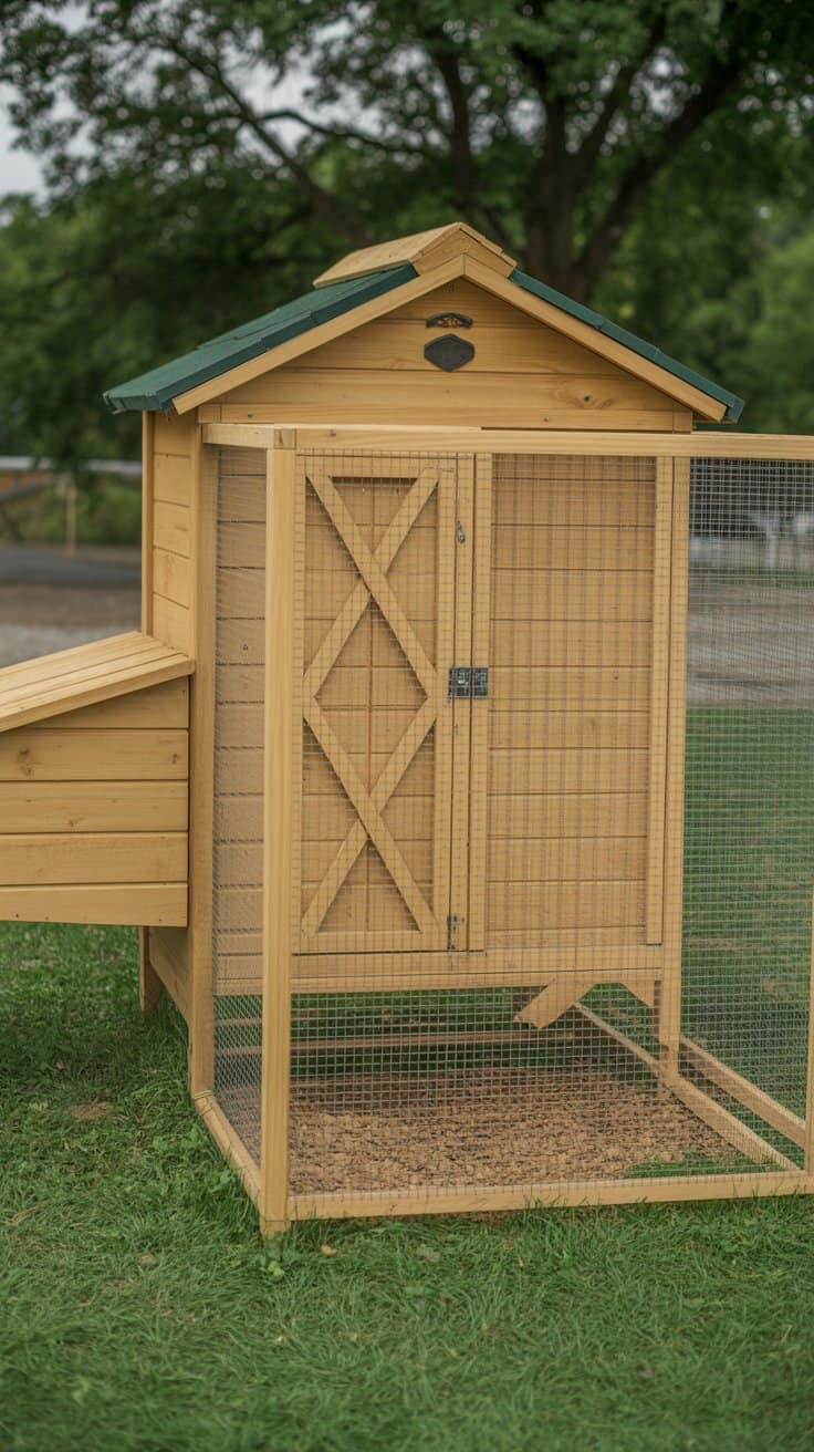 Chicken coop protected with mesh fencing to deter predators