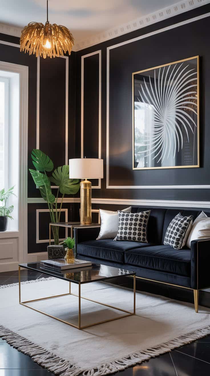 Dramatic color contrast in black, white, and gold Hollywood Regency interior