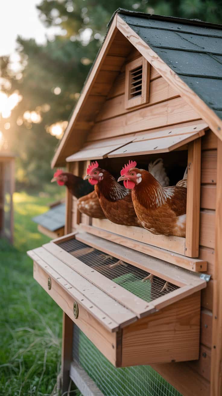 Chicken coop with roofline vents allowing airflow while keeping hens warm