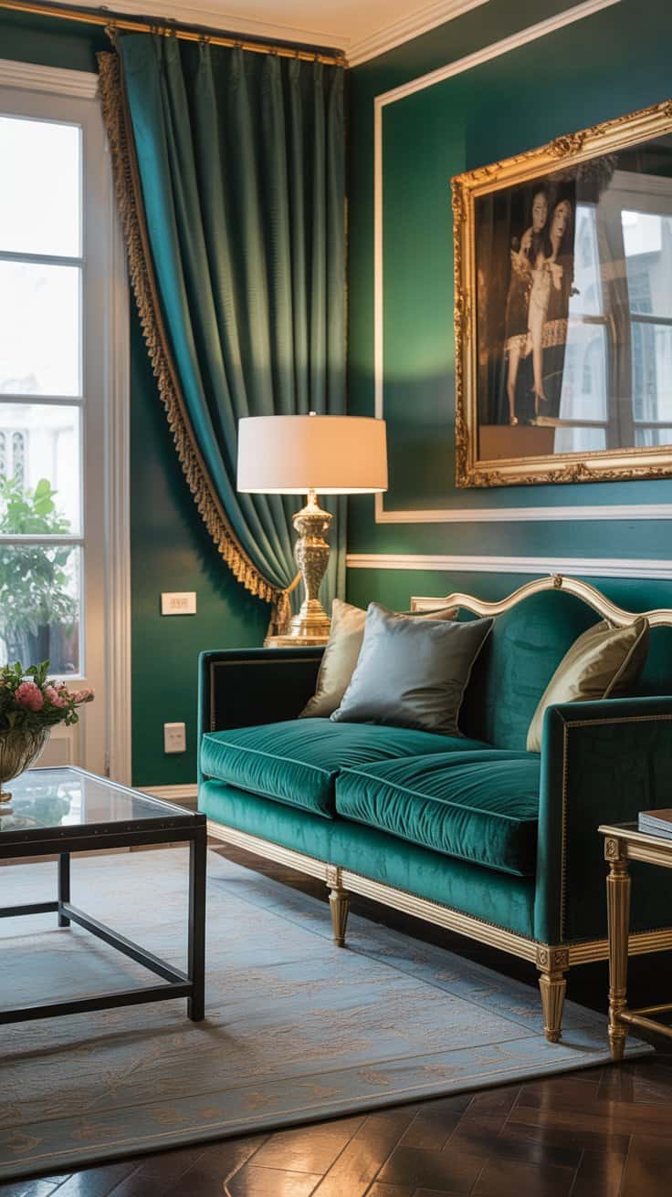 Luxurious velvet and silk fabrics in Hollywood Regency living room design