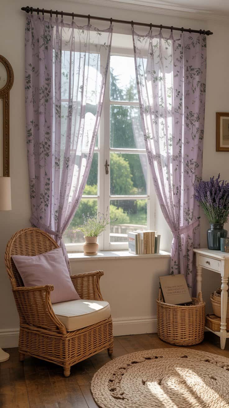 Delicate lavender floral curtains hanging by a window in a cottagecore room