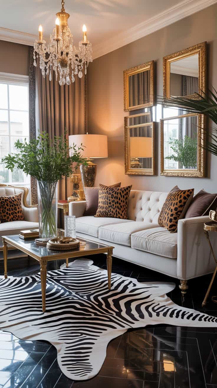 Chic Hollywood Regency décor with zebra rug and leopard accent pillows
