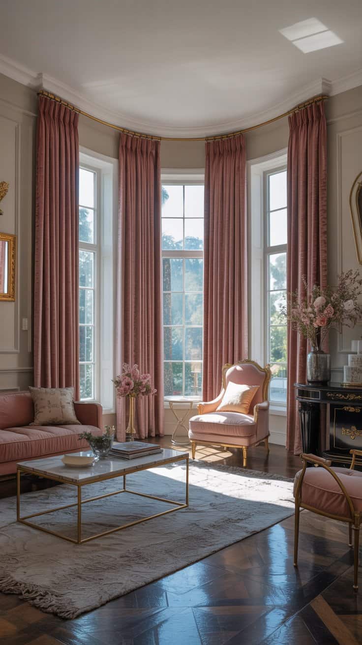Floor-length velvet curtains adding drama to Hollywood Regency interior