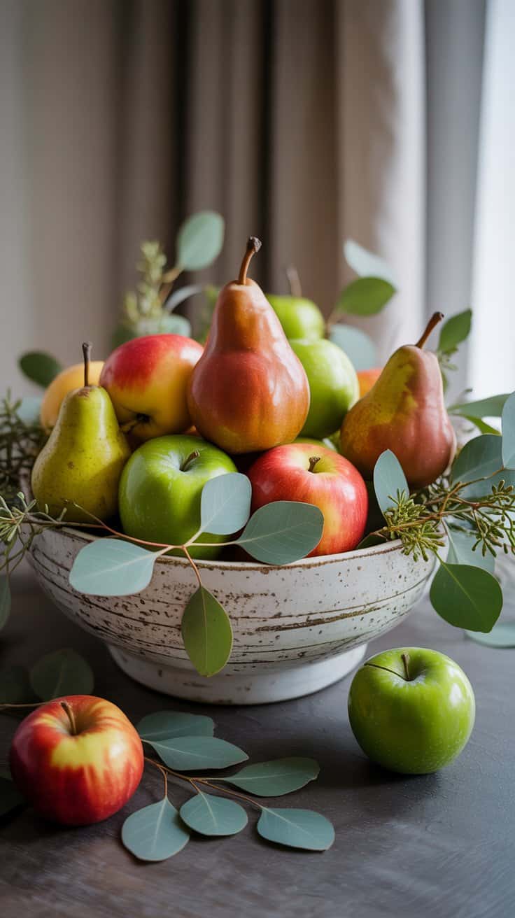  Fall fruit bowl centerpiece with greenery