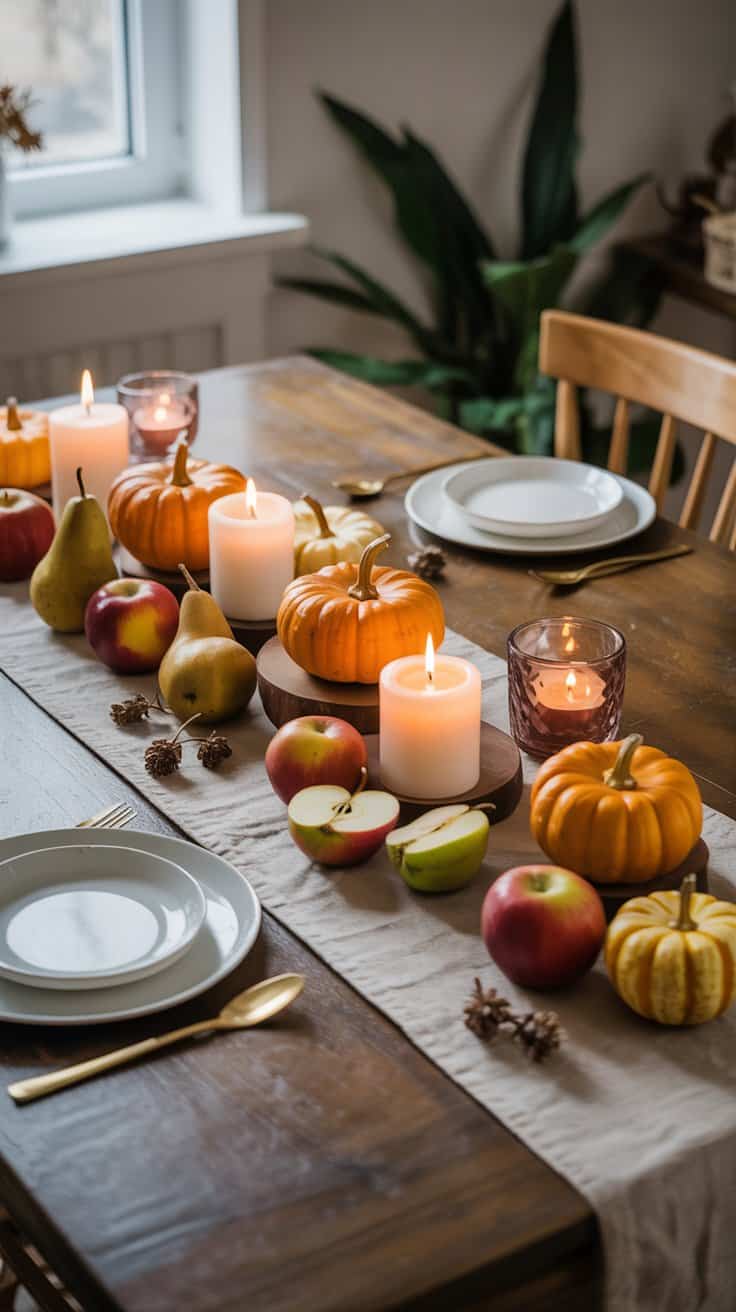 Autumn table styled with pumpkins, fruit, and candles for a warm harvest look