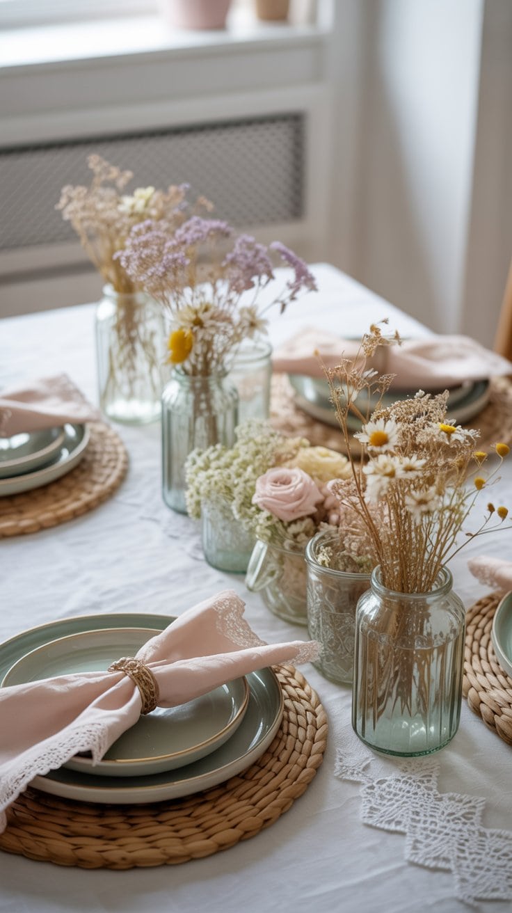 Table decorated with dried wildflowers and vintage china in a romantic cottagecore style