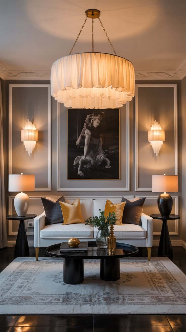 Layered lighting in Hollywood Regency room with chandelier and wall sconces