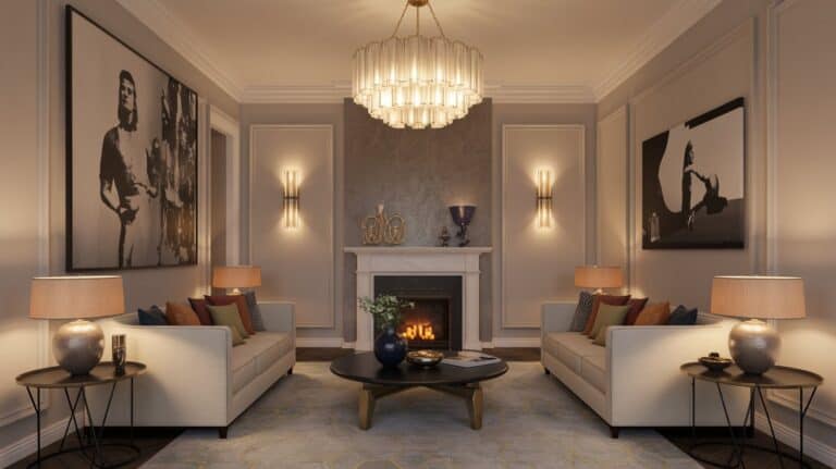 Layered lighting in Hollywood Regency room with chandelier and wall sconces