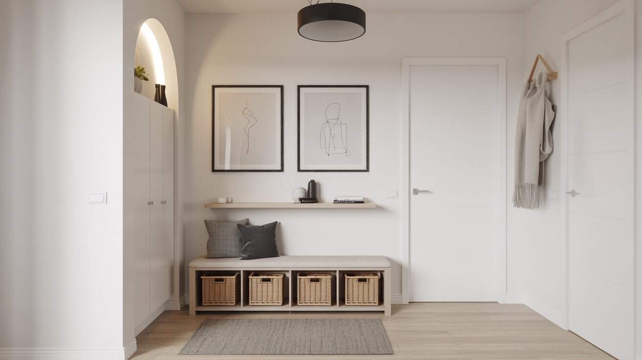 Modern minimalist entryway with white walls, floating shelf, and black accents.