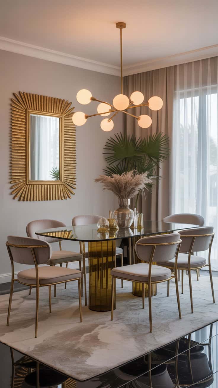 Dining room with gold and brass accents in Hollywood Regency style.