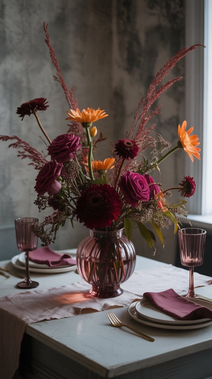 Moody floral centerpiece with burgundy and orange fall flowers