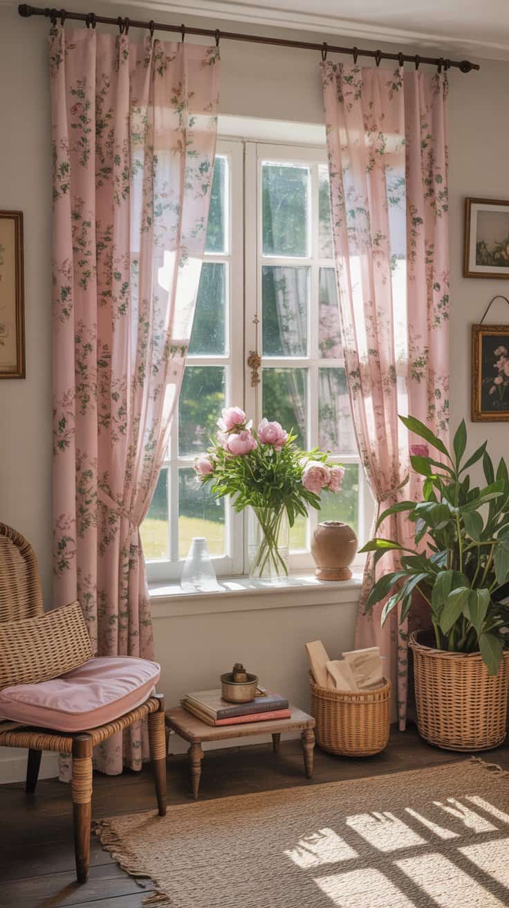Pastel peony curtains gently draping in a sunlit cottagecore room.