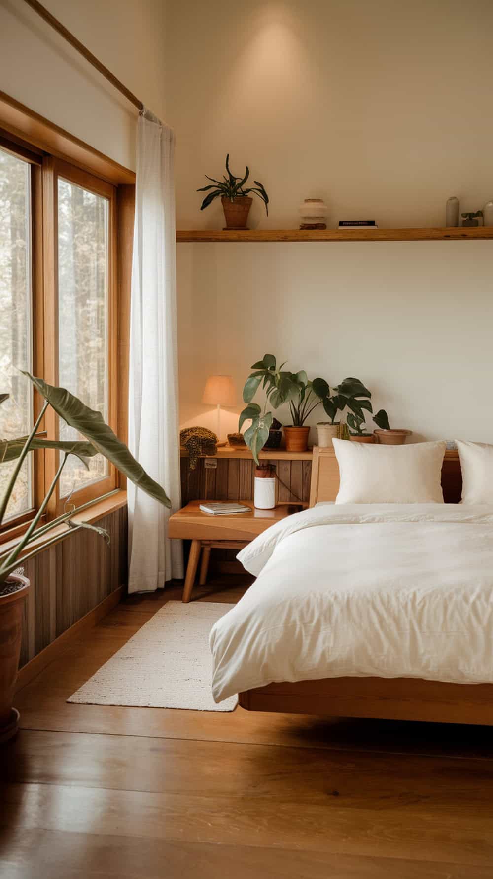 A cozy bedroom featuring natural elements like plants, wooden furniture, and soft textiles.