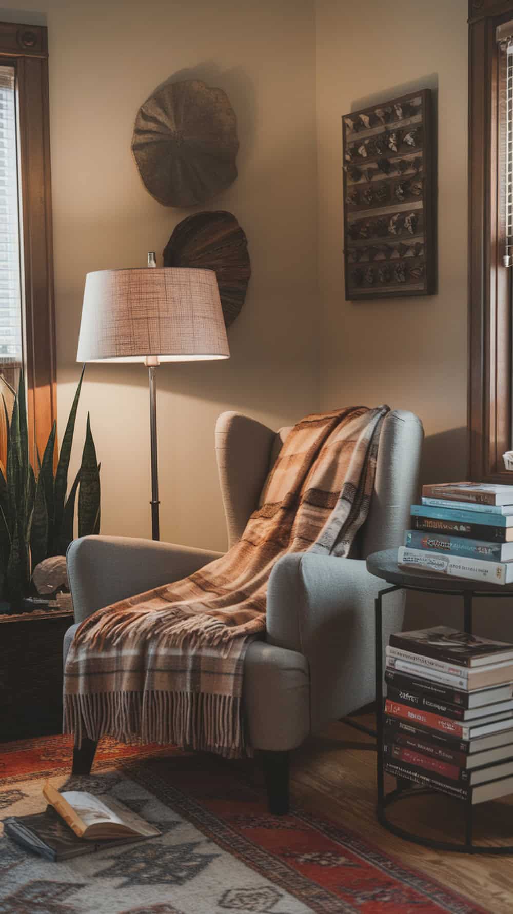 Cozy reading nook with a chair, blanket, and books