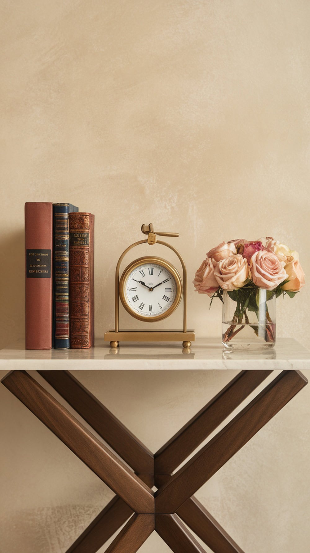 A bedside table featuring a vintage clock, stacked books, and a vase of roses.