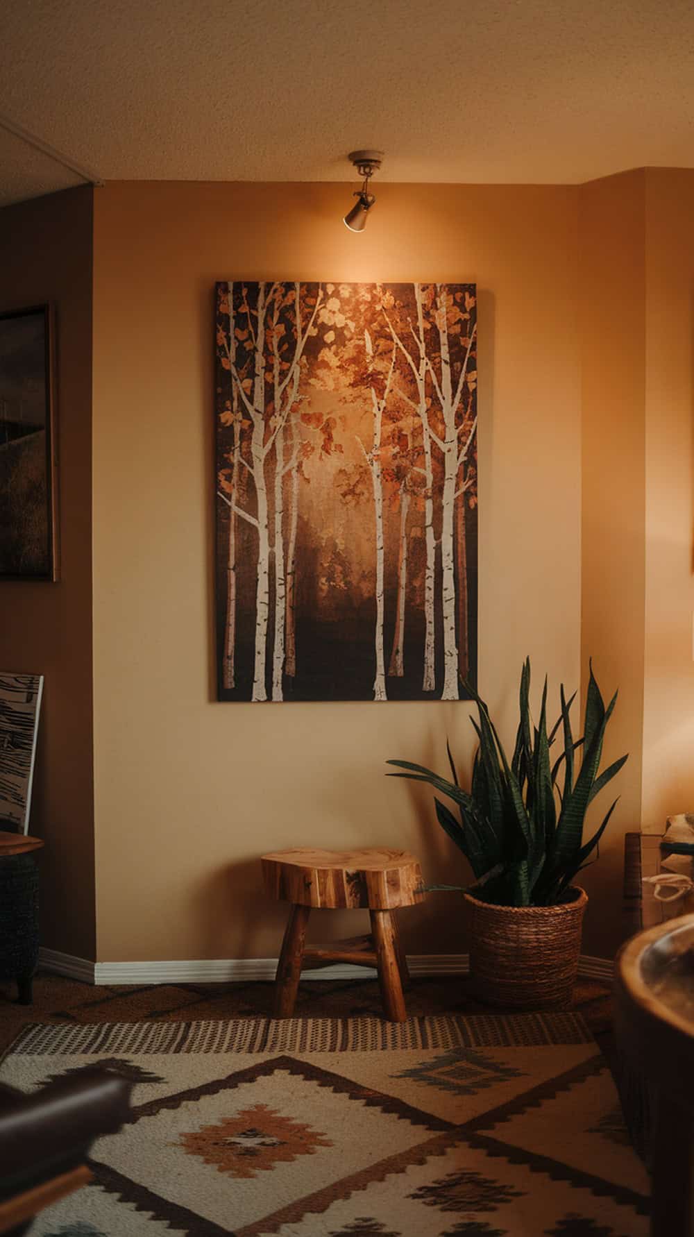A cozy living room corner with autumn-themed artwork featuring trees and warm colors.