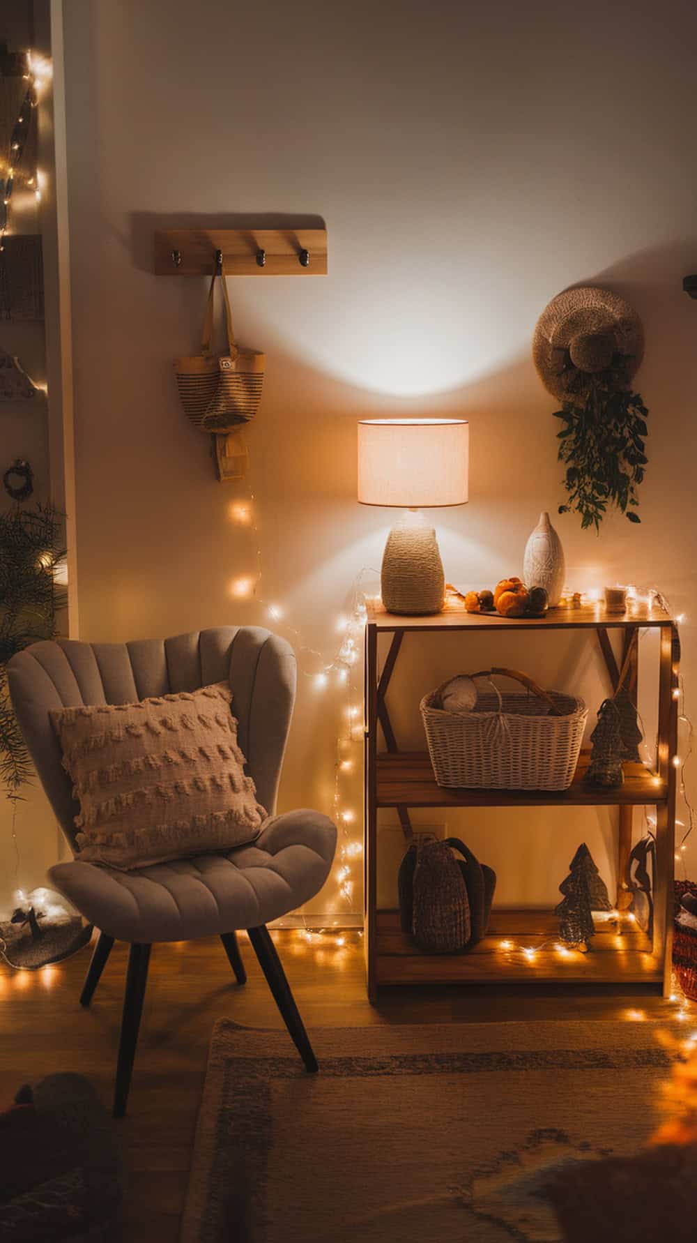 Cozy living room corner with soft lighting and fairy lights.