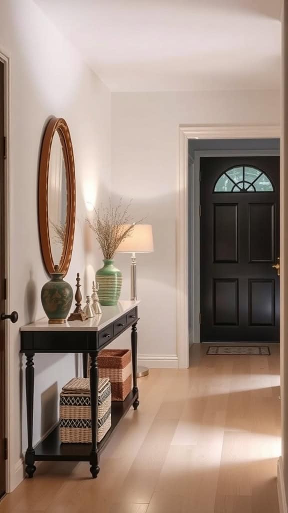 A narrow console table in a small entryway with decor items, including a vase and a lamp.