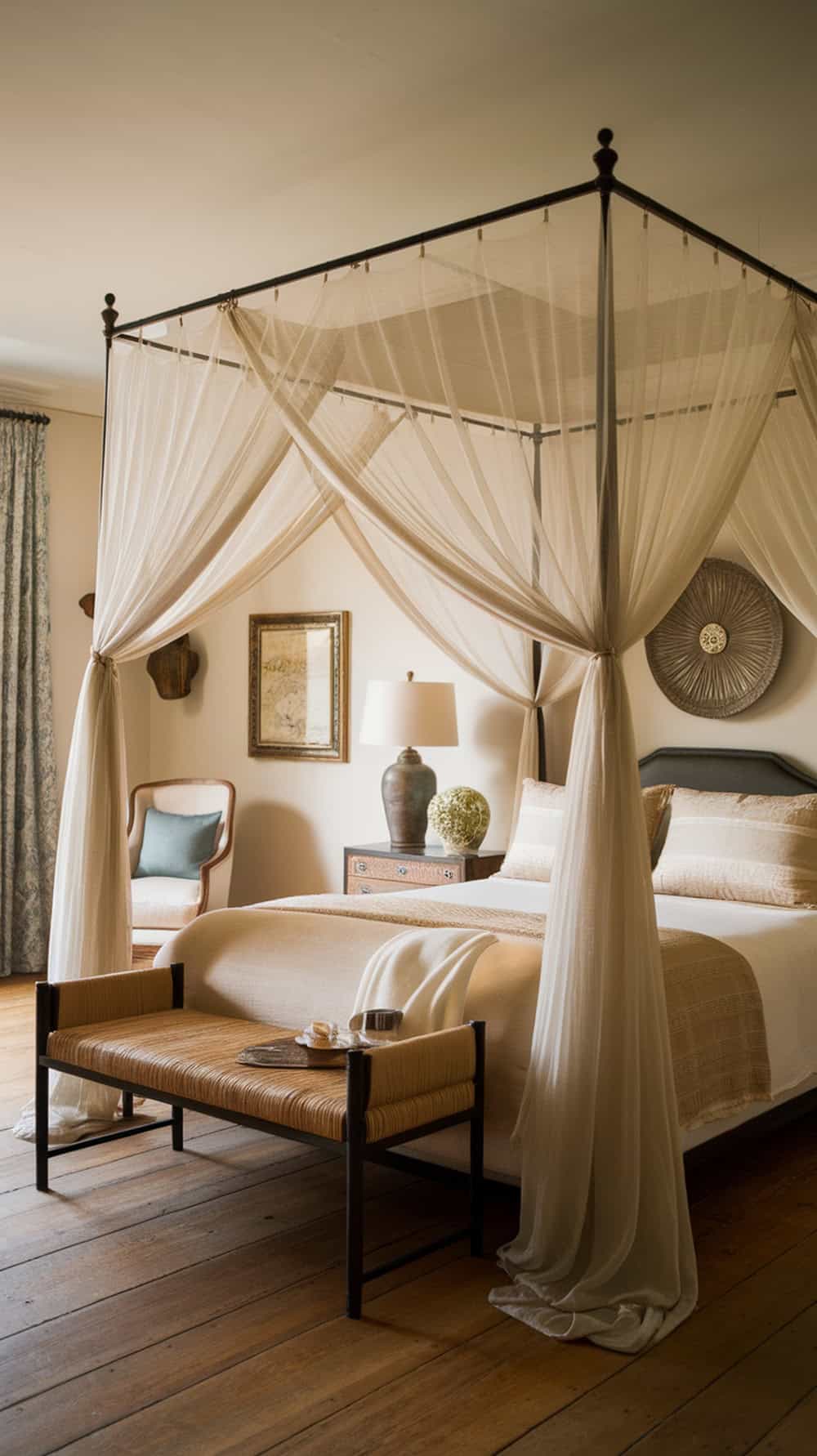 A cozy bedroom featuring a romantic canopy bed with soft drapes.