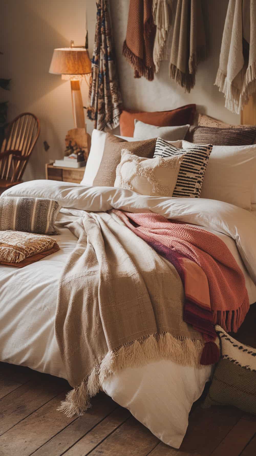 A cozy bedroom with layered throws and pillows on the bed.