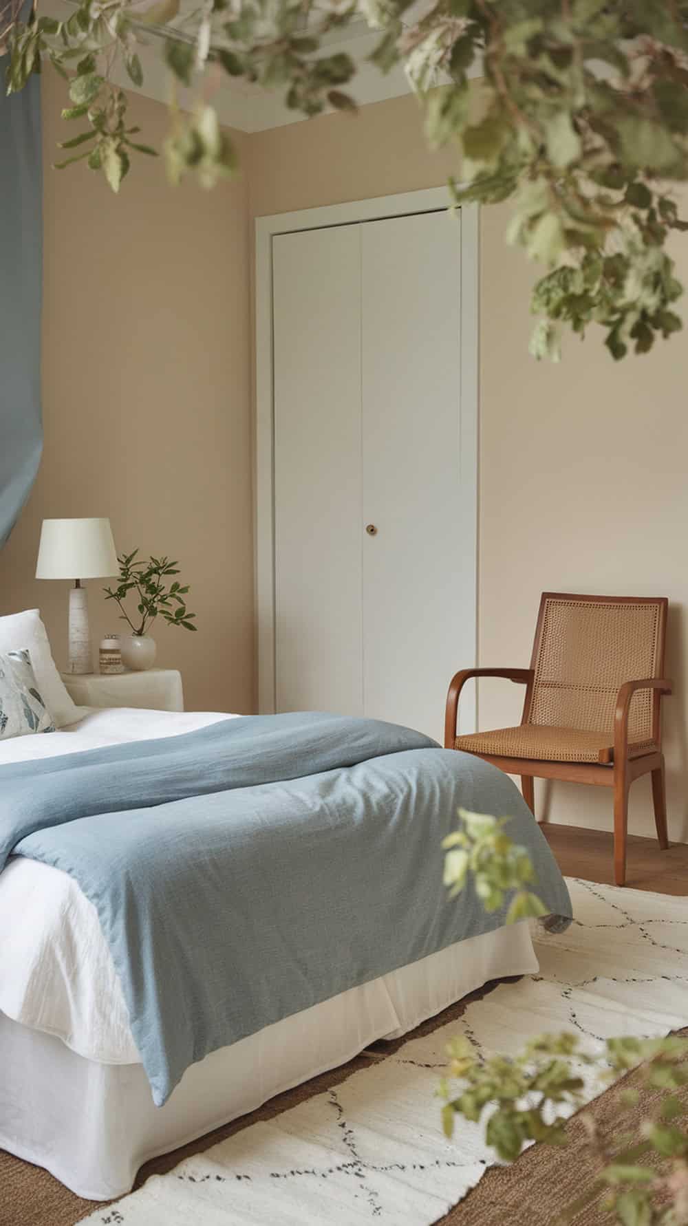 A cozy bedroom with a blue blanket, wooden chair, and soft lighting.