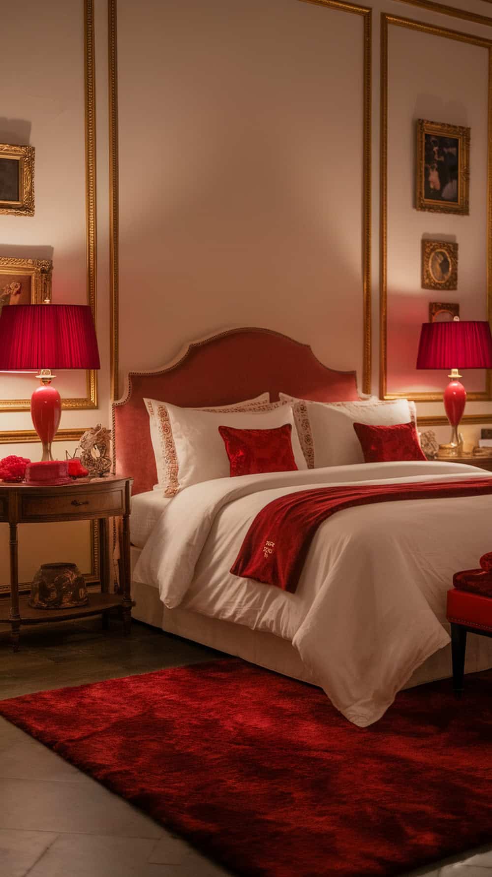 A romantic bedroom featuring a plush red rug, elegant bedding, and warm lighting.