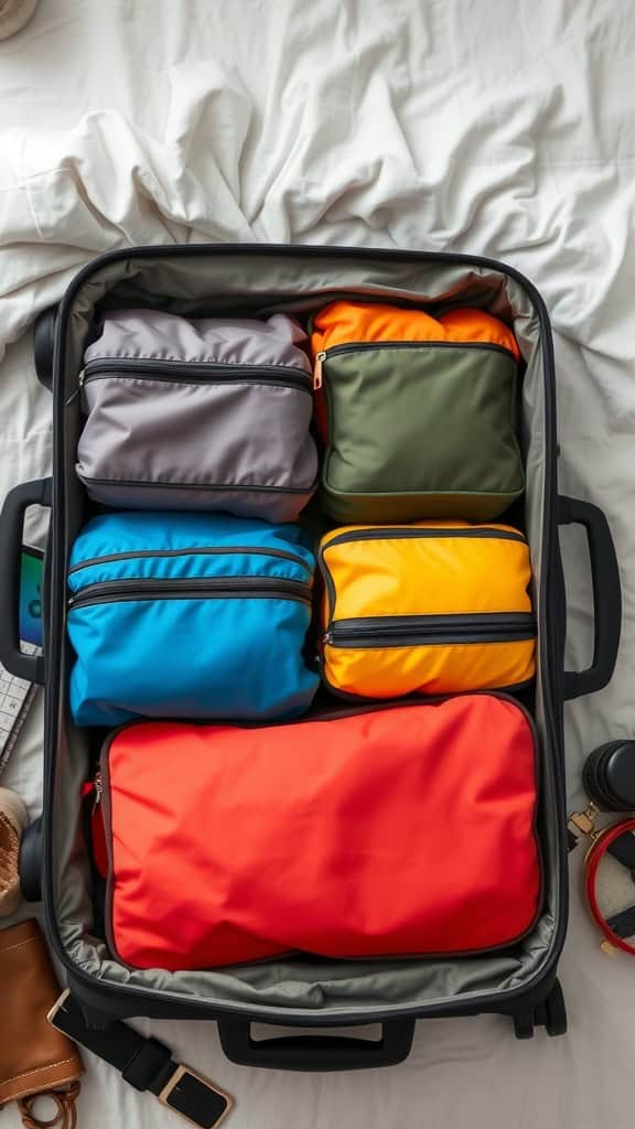 A suitcase filled with colorful compression packing cubes in various sizes.