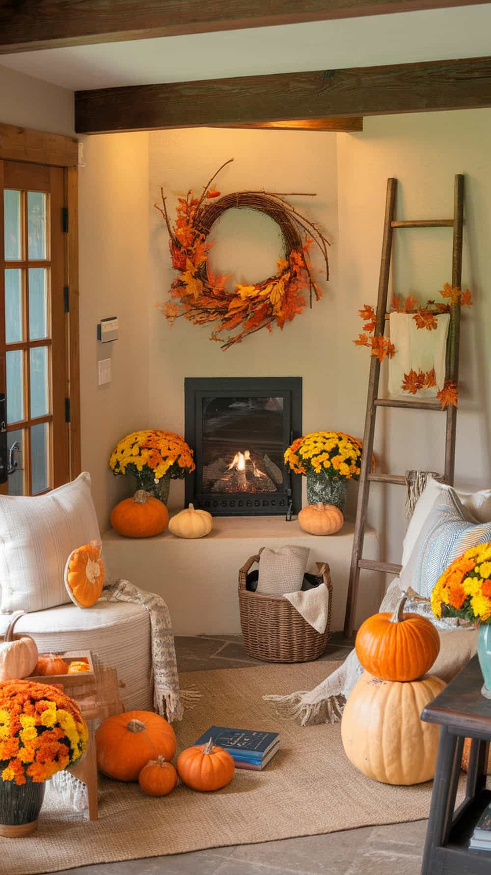 Cozy living room corner with a fireplace, pumpkins, and autumn decorations