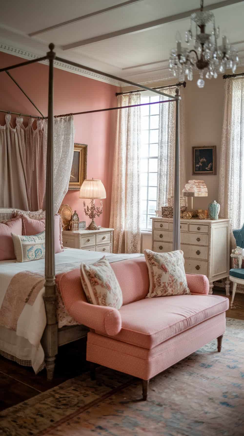 A cozy vintage bedroom with soft pink decor, a chandelier, and elegant furnishings.