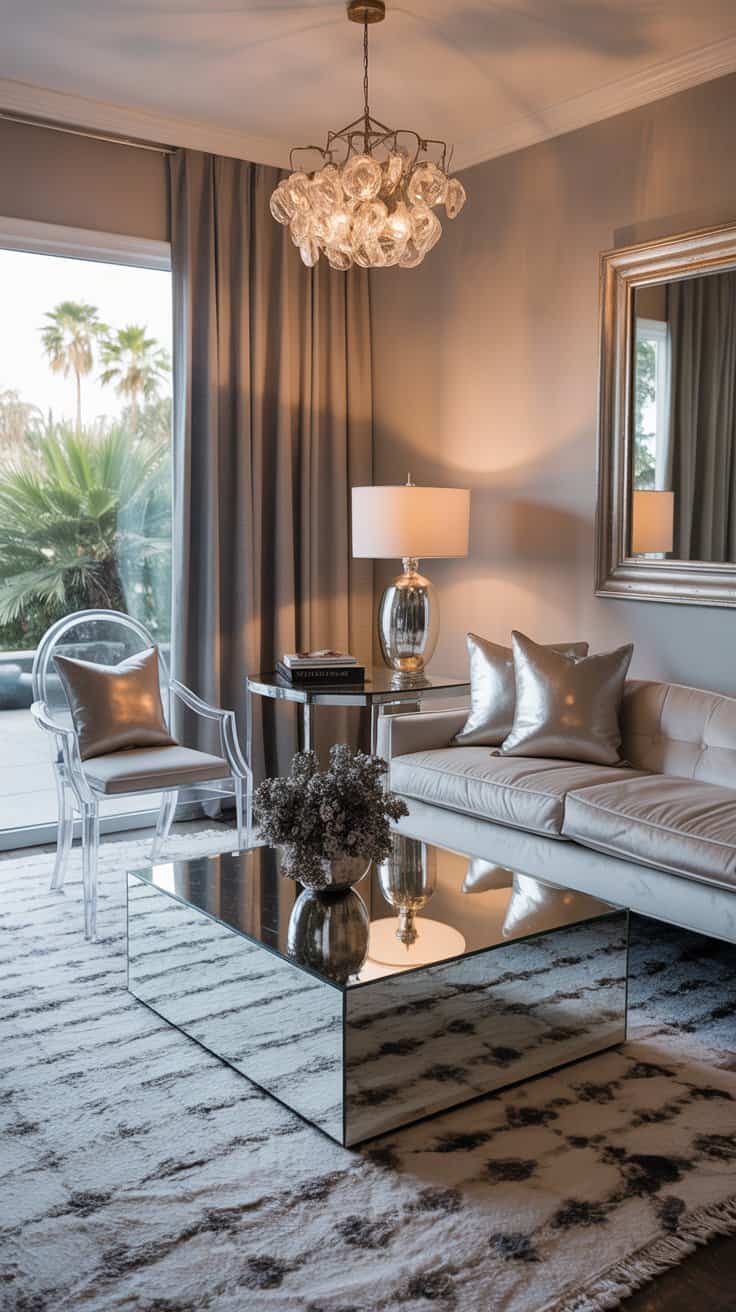 Lucite and mirrored furniture creating Hollywood Regency glamour