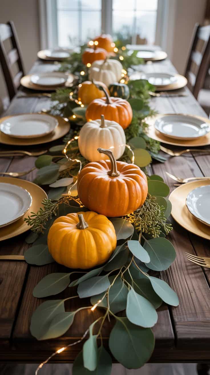 Fall table garland centerpiece with pumpkins and greenery