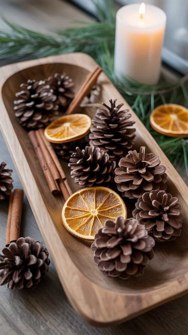 Wooden dough bowl filled with fall foliage and natural elements