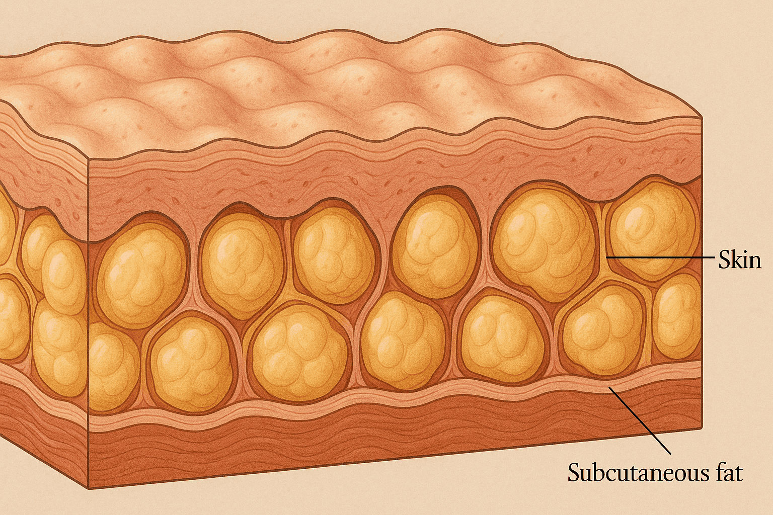 Medical illustration showing skin layers and subcutaneous fat beneath the surface.