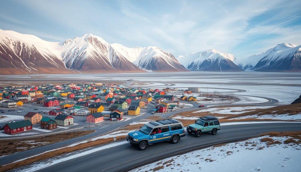 A breathtaking aerial view of Longyearbyen, the largest settlement in the Svalbard archipelago, nestled between rugged mountains and a pristine Arctic landscape. The town's colorful buildings and infrastructure are juxtaposed against the dramatic, snow-capped peaks in the background, creating a striking contrast. The foreground features a group of tourists embarking on a sightseeing tour, their small expedition vehicles navigating the winding roads that offer panoramic vistas of the fjords, glaciers, and vast tundra. The scene is illuminated by a soft, diffused lighting, capturing the region's ethereal, almost otherworldly atmosphere. The overall composition conveys a sense of adventure, exploration, and the wonder of experiencing Longyearbyen's unique and captivating environment.