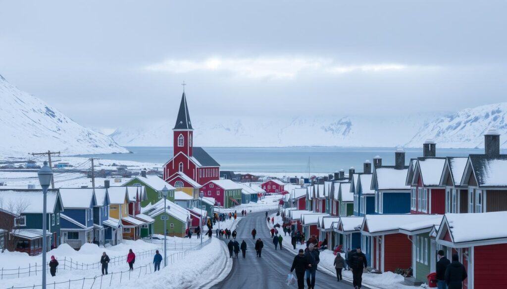 A bustling Arctic town nestled between snow-capped mountains and the icy waters of the fjord, Longyearbyen exudes a unique blend of rugged wilderness and modern comforts. In the foreground, locals and adventurers alike navigate the charming streets lined with colorful wooden buildings, their breath visible in the crisp, polar air. In the middle ground, the iconic Svalbard Church stands tall, its red-painted exterior a striking contrast against the surrounding white landscape. In the distance, the Svalbard Global Seed Vault sits as a silent guardian, a testament to the region's resilience and the human drive to preserve. The scene is bathed in a soft, diffused light, capturing the ethereal, otherworldly atmosphere of this remote Arctic outpost.