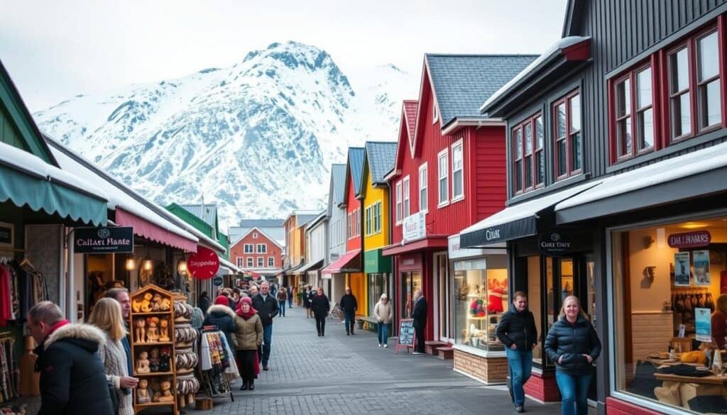 A bustling main street in Longyearbyen, the northernmost town in the world. In the foreground, colorful storefronts display traditional Svalbard crafts - knitted sweaters, carved wooden figurines, and reindeer-hide accessories. Locals and tourists browse the shops, peering into the windows. The middle ground features a mix of independent boutiques and cozy cafes, their warm lighting spilling onto the snowy sidewalks. In the background, the rugged mountains of Svalbard loom, a striking contrast to the vibrant commercial district. The scene is bathed in a cool, natural light, capturing the unique atmosphere of this Arctic settlement.
