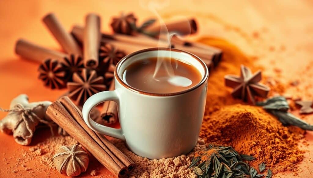 A close-up, detailed shot of a vibrant, cinnamon-colored background, with a central focus on a steaming mug of hot tea or coffee. The mug is surrounded by whole cinnamon sticks, cinnamon powder, and other natural weight loss supplements such as ginger, turmeric, or green tea leaves. The lighting is warm and cozy, creating a calming, inviting atmosphere. The overall composition emphasizes the connection between cinnamon and its potential benefits for boosting metabolism and aiding in weight loss efforts. The image conveys a sense of natural, holistic wellness.